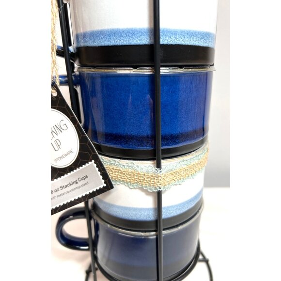 Boston Warehouse Stacking Up Stoneware 16 Oz Blue & White Stacking Cups Set With - Picture 5 of 6